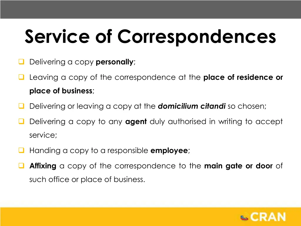 service of correspondences