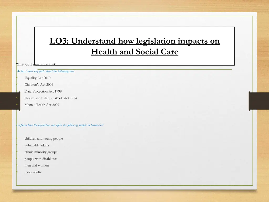 lo3 understand how legislation impacts on health