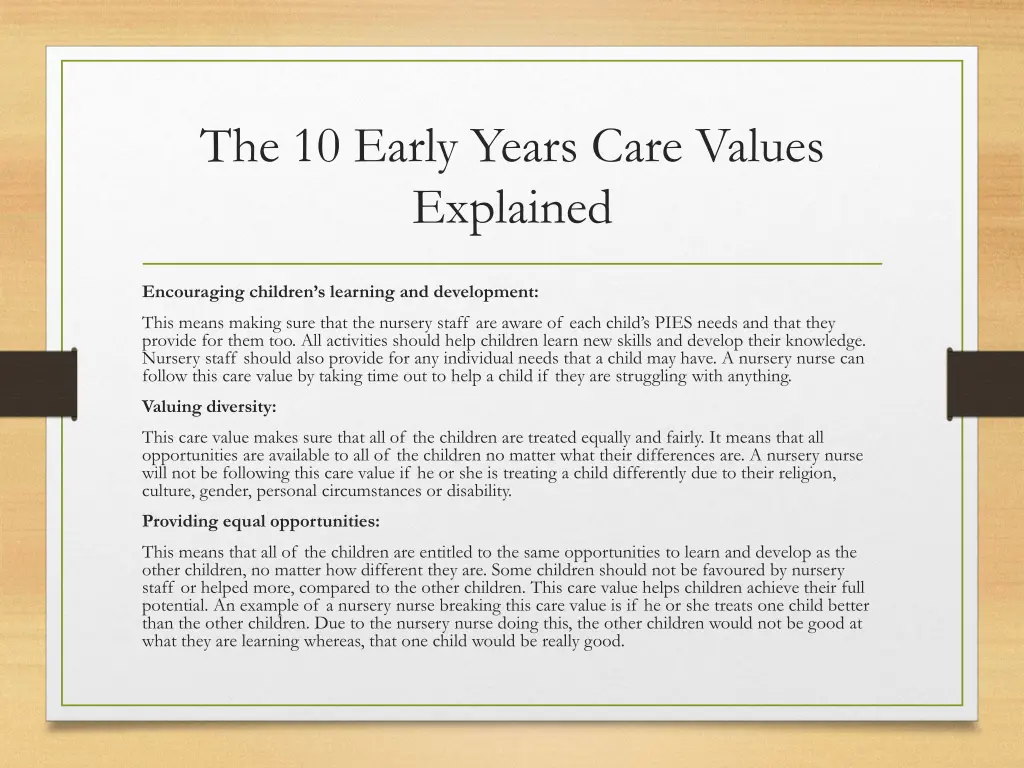 the 10 early years care values explained 1