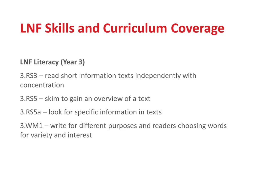 lnf skills and curriculum coverage