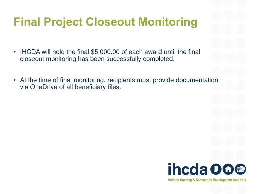 final project closeout monitoring