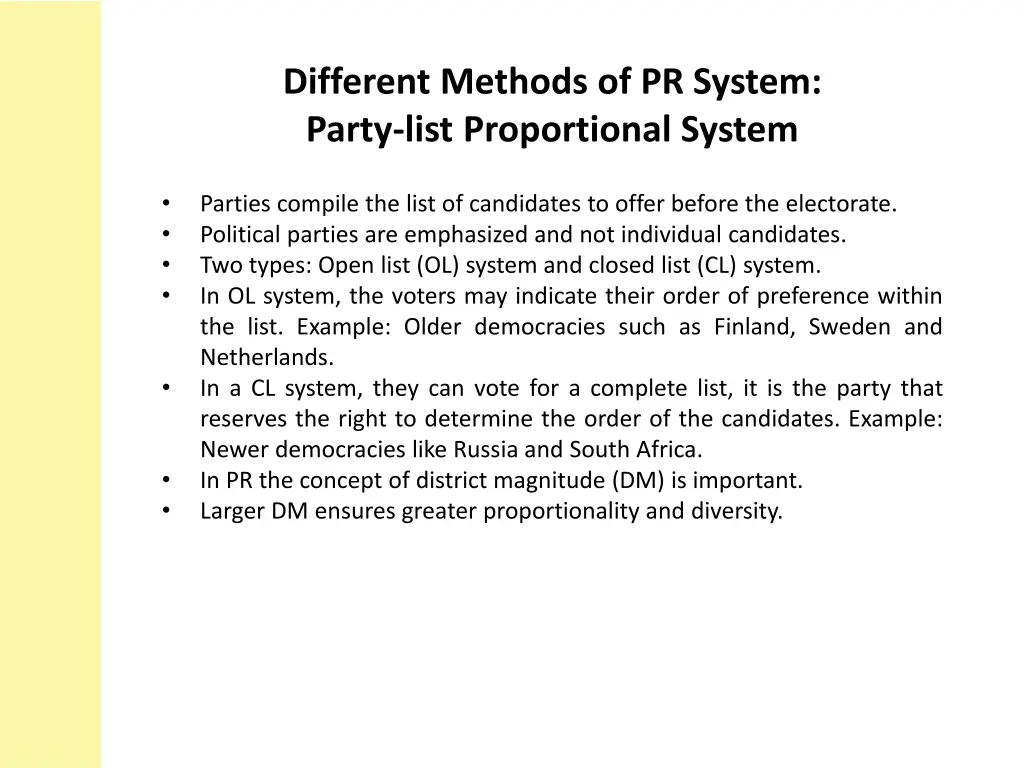 different methods of pr system party list