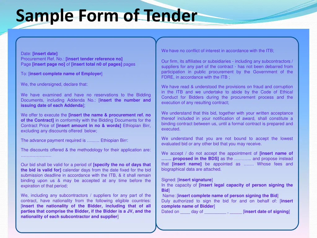 sample form of tender