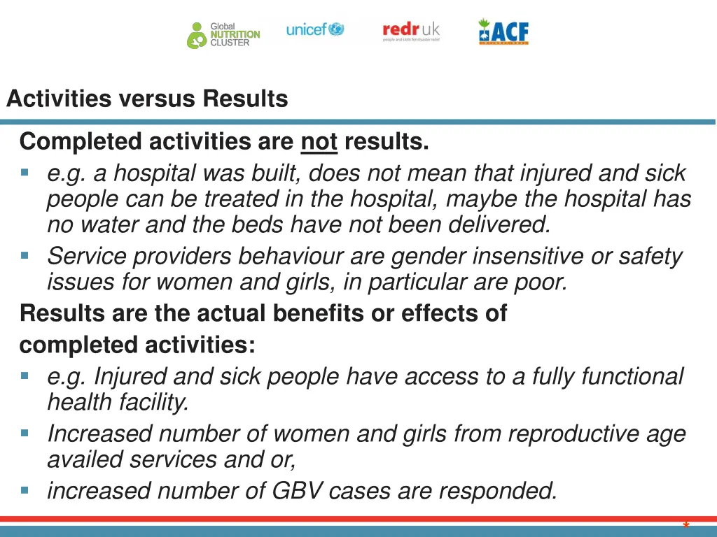 activities versus results