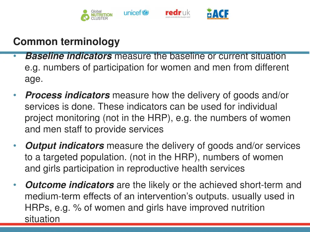 common terminology baseline indicators measure