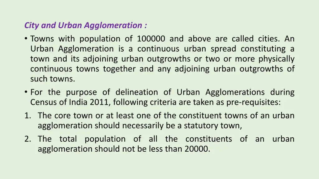 city and urban agglomeration towns with