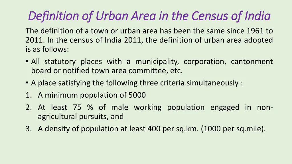 definition of urban area in the census of india