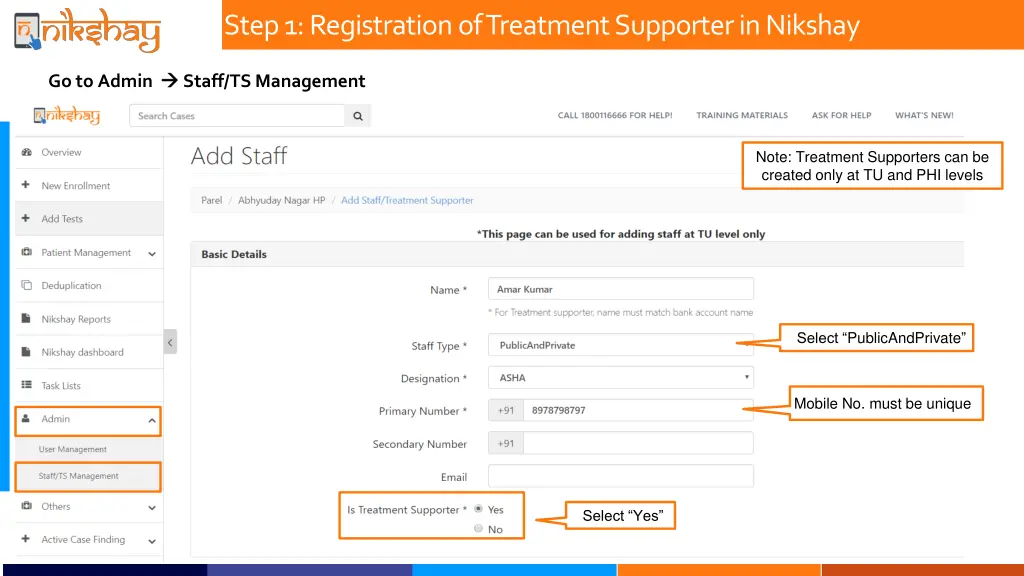 step 1 registration of treatment supporter