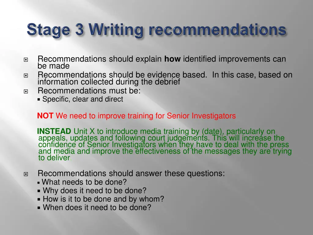 recommendations should explain how identified