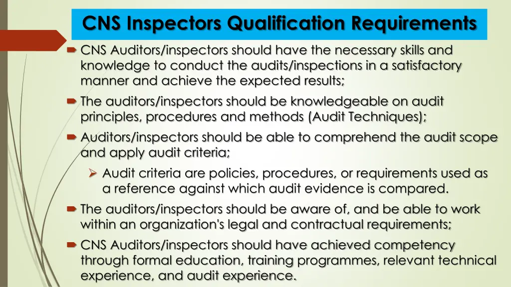 cns inspectors qualification requirements