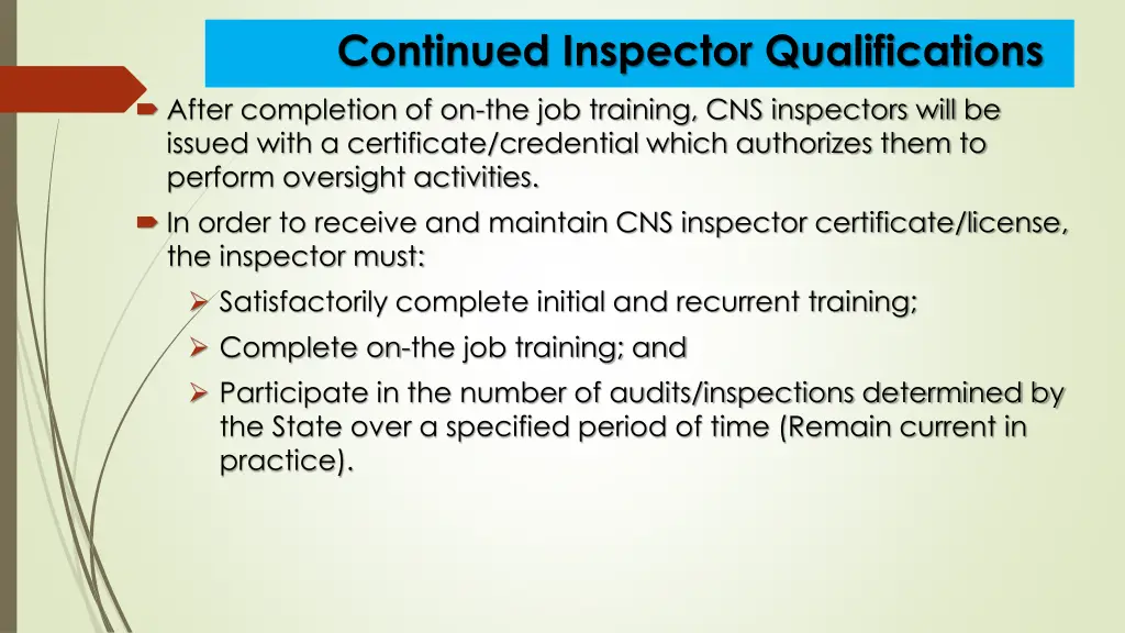 continued inspector qualifications