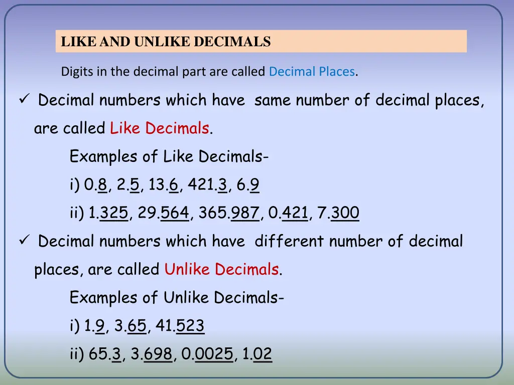 like and unlike decimals