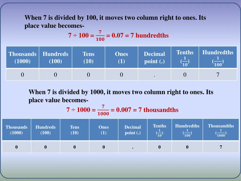 when 7 is divided by 100 it moves two column