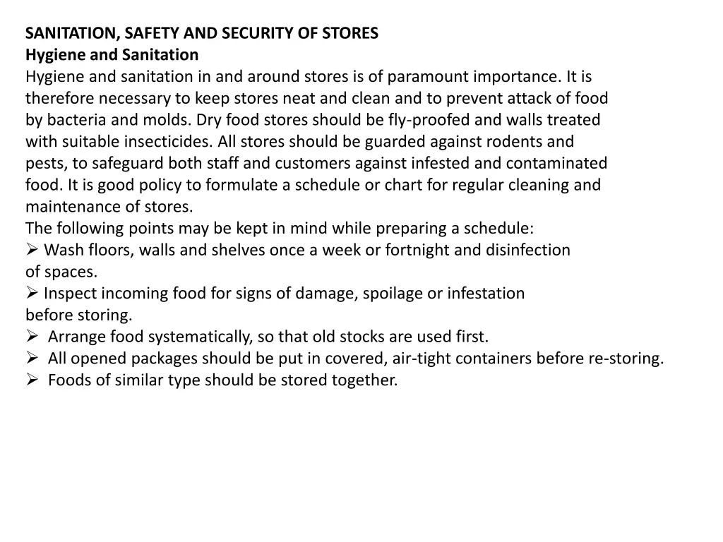 sanitation safety and security of stores hygiene