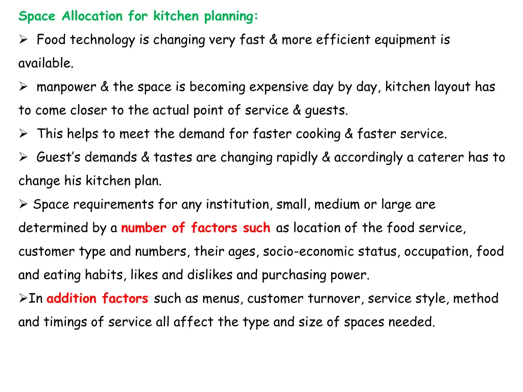 space allocation for kitchen planning food