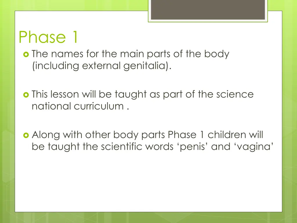 phase 1 the names for the main parts of the body