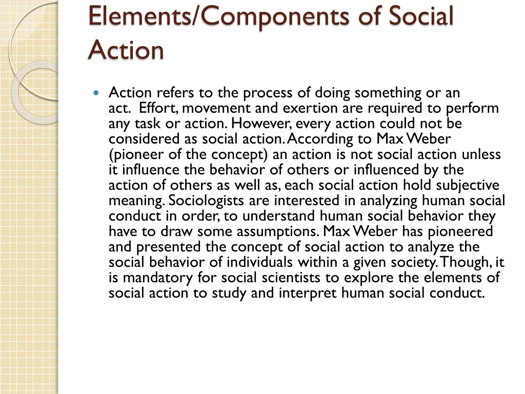 elements components of social action