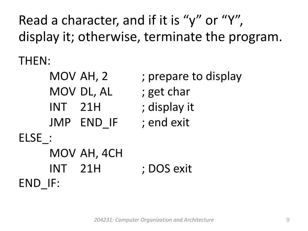 read a character and if it is y or y display 2