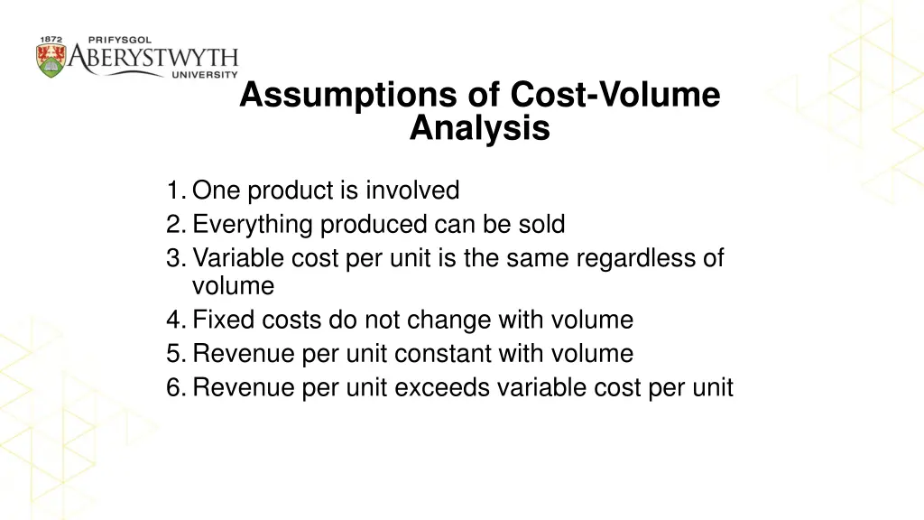 assumptions of cost volume analysis