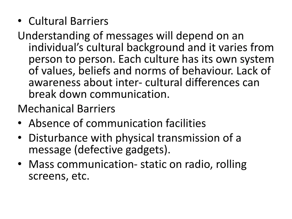 cultural barriers understanding of messages will