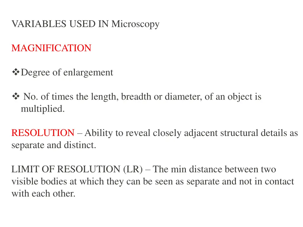 variables used in microscopy