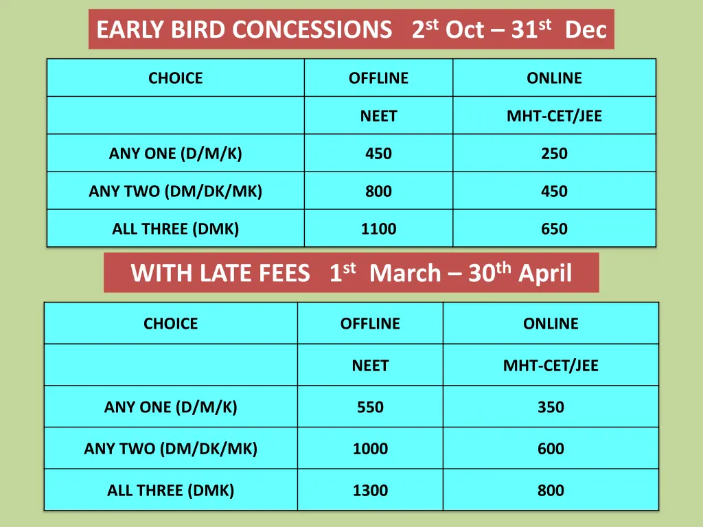 early bird concessions 2 st oct 31 st dec