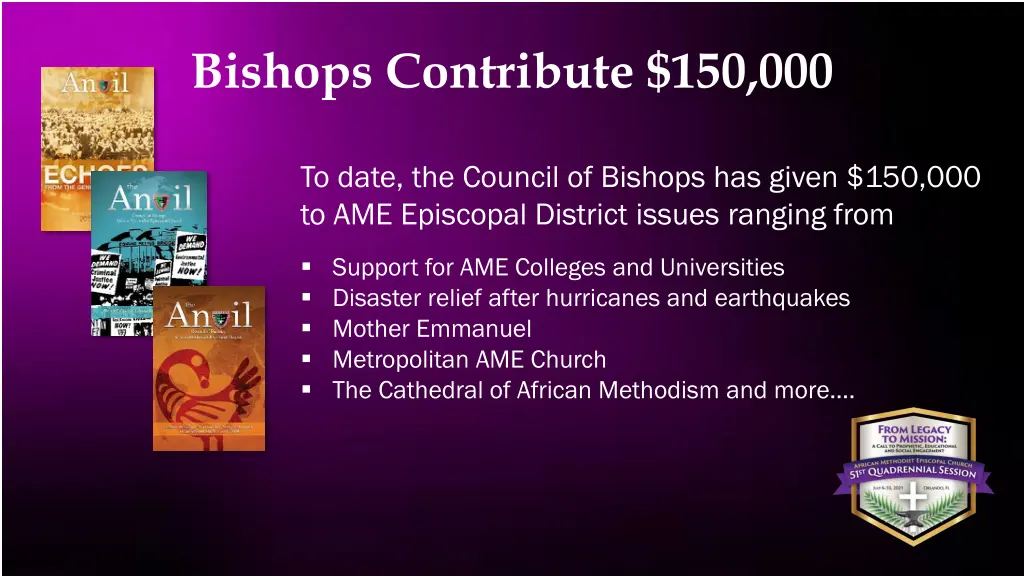 bishops contribute 150 000