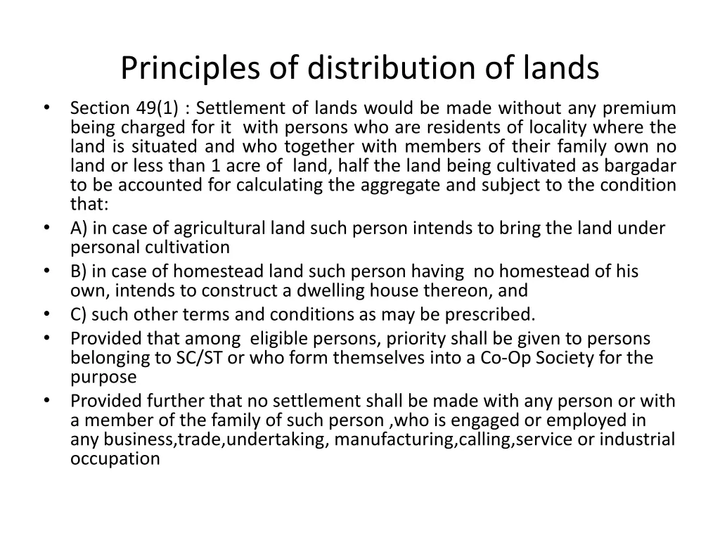 principles of distribution of lands