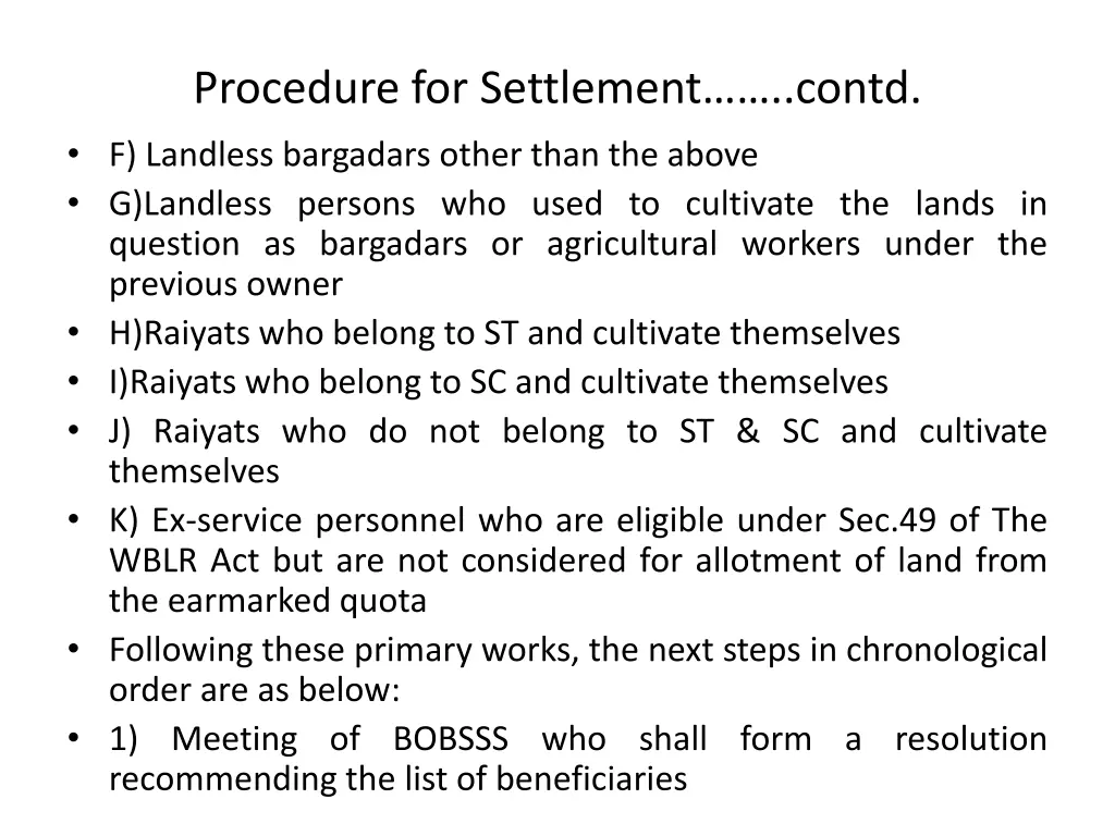 procedure for settlement contd f landless