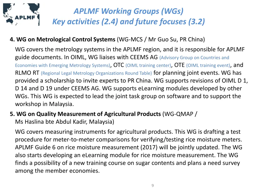 aplmf working groups wgs key activities 1