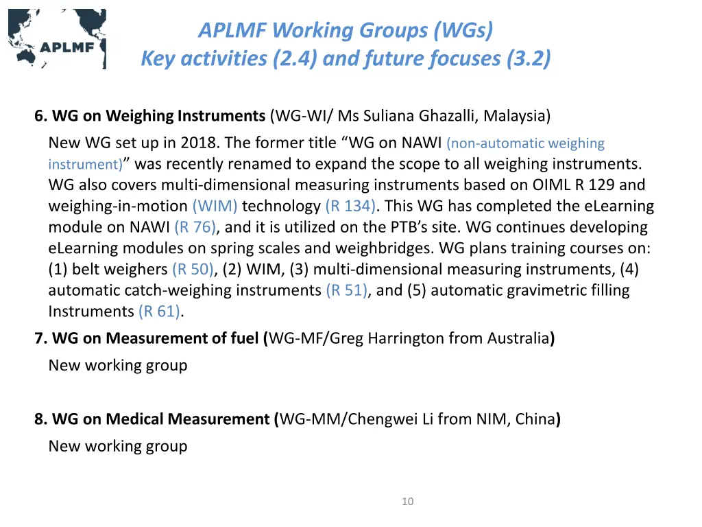 aplmf working groups wgs key activities 2