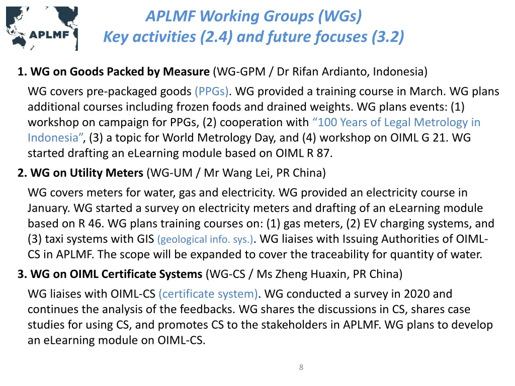 aplmf working groups wgs key activities