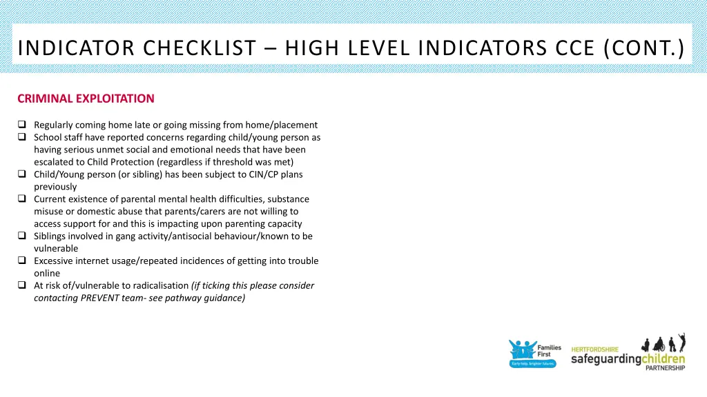 indicator checklist high level indicators cce cont