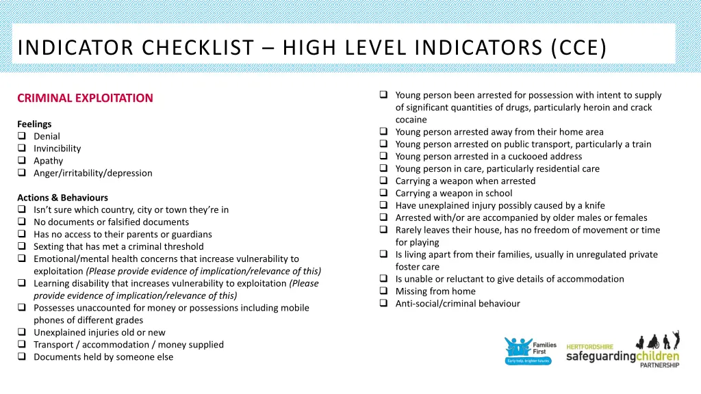 indicator checklist high level indicators cce