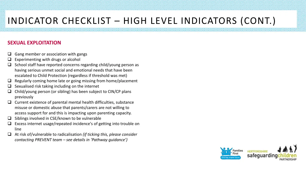 indicator checklist high level indicators cont