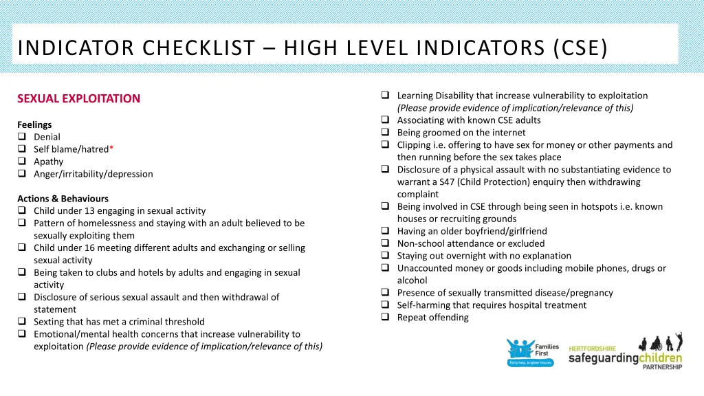 indicator checklist high level indicators cse