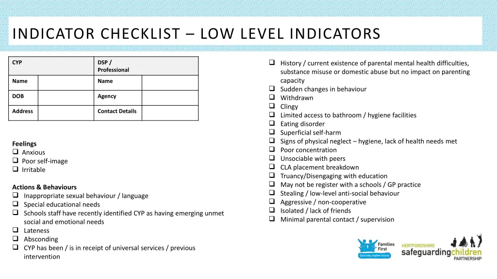 indicator checklist low level indicators