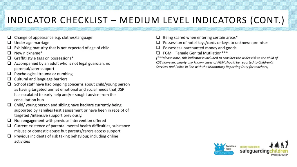 indicator checklist medium level indicators cont