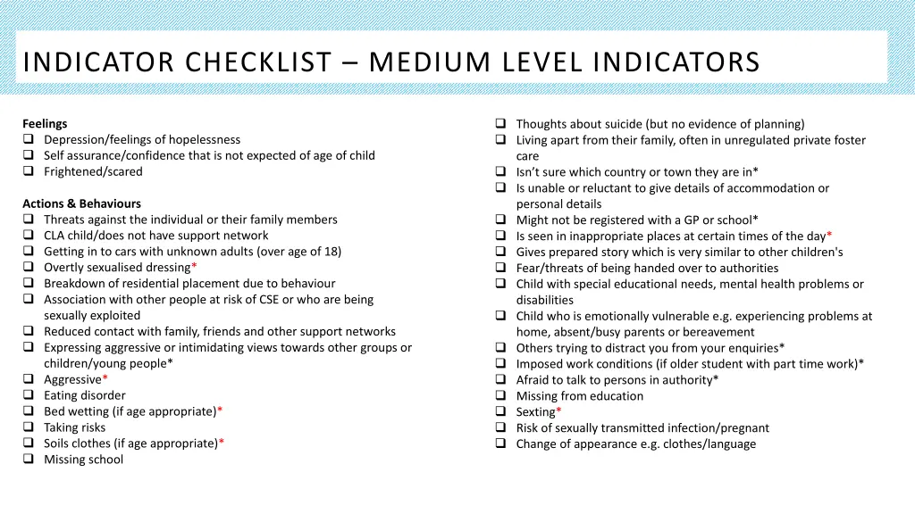 indicator checklist medium level indicators