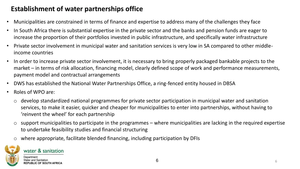 establishment of water partnerships office