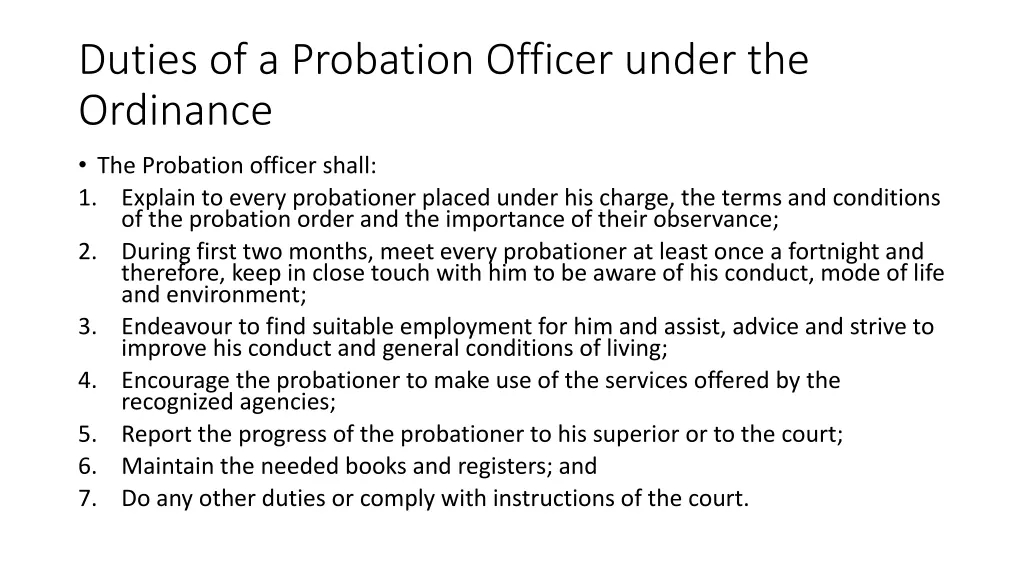 duties of a probation officer under the ordinance