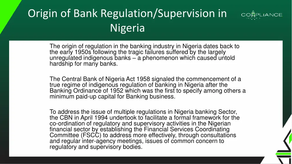 origin of bank regulation supervision in nigeria