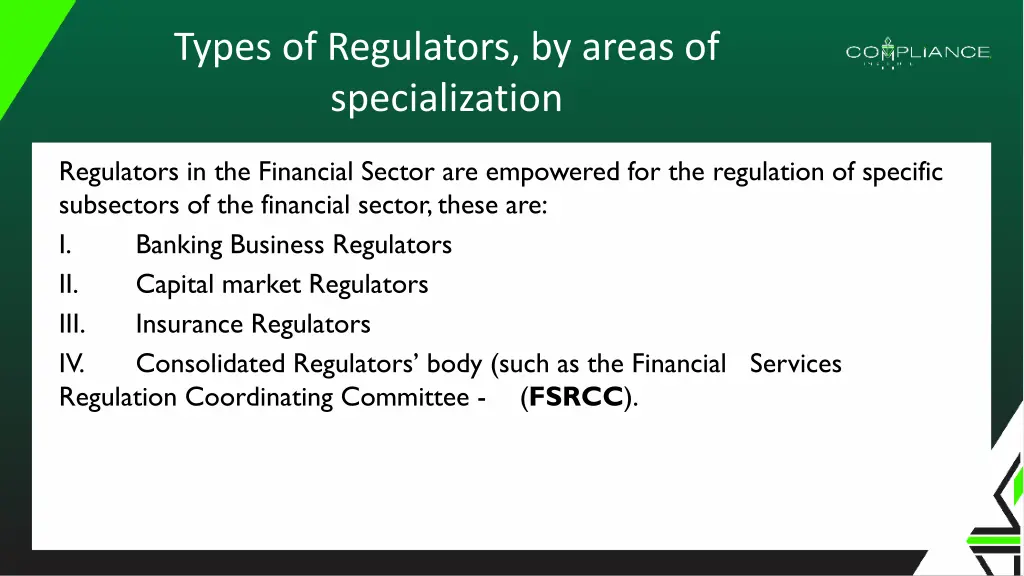 types of regulators by areas of specialization