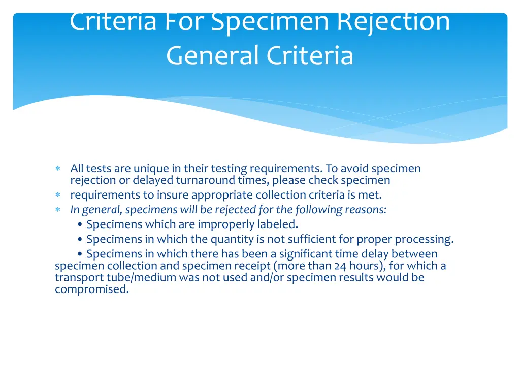 criteria for specimen rejection general criteria