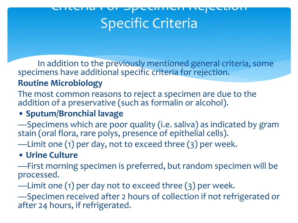 criteria for specimen rejection specific criteria