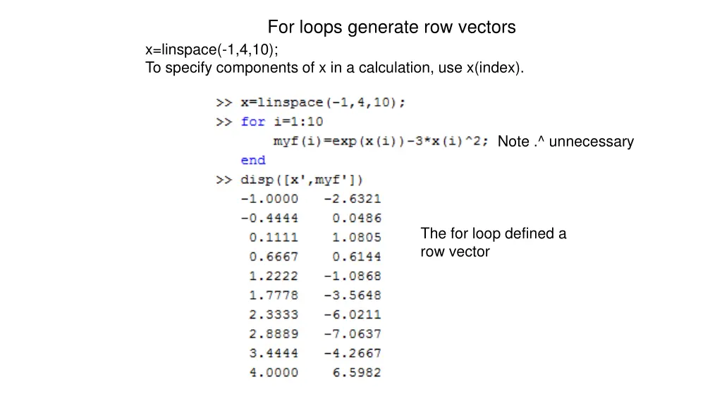 for loops generate row vectors x linspace