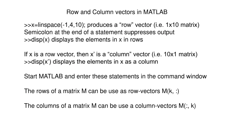 row and column vectors in matlab