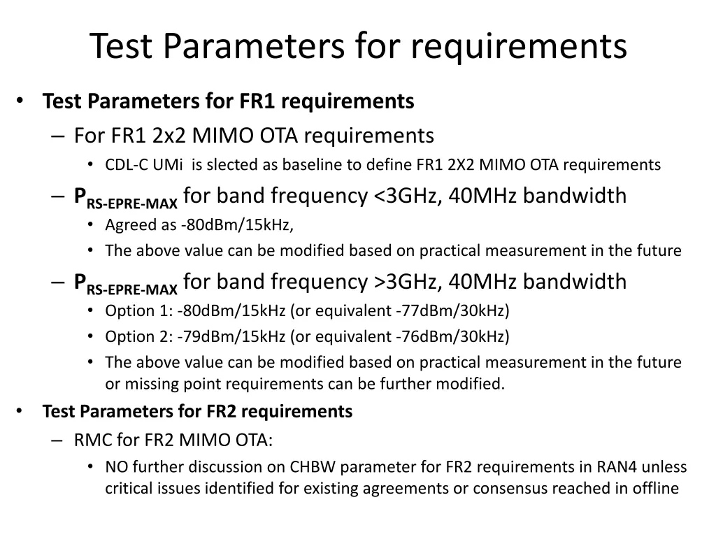 test parameters for requirements