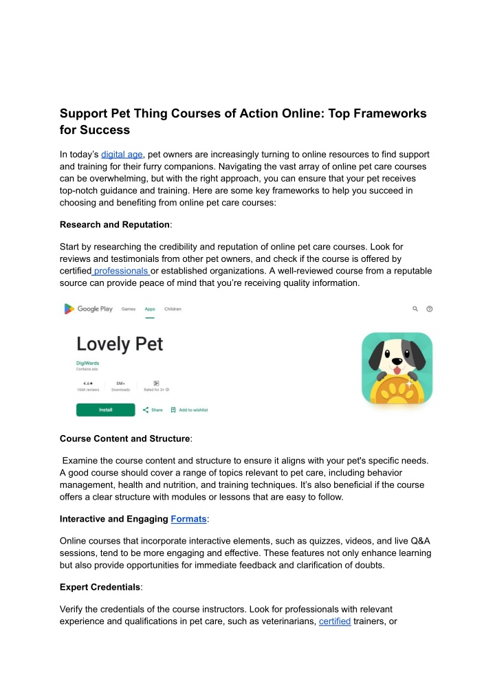 support pet thing courses of action online