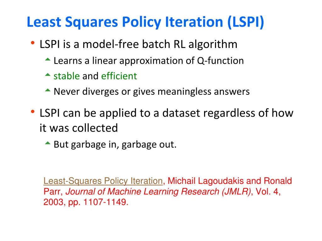 least squares policy iteration lspi